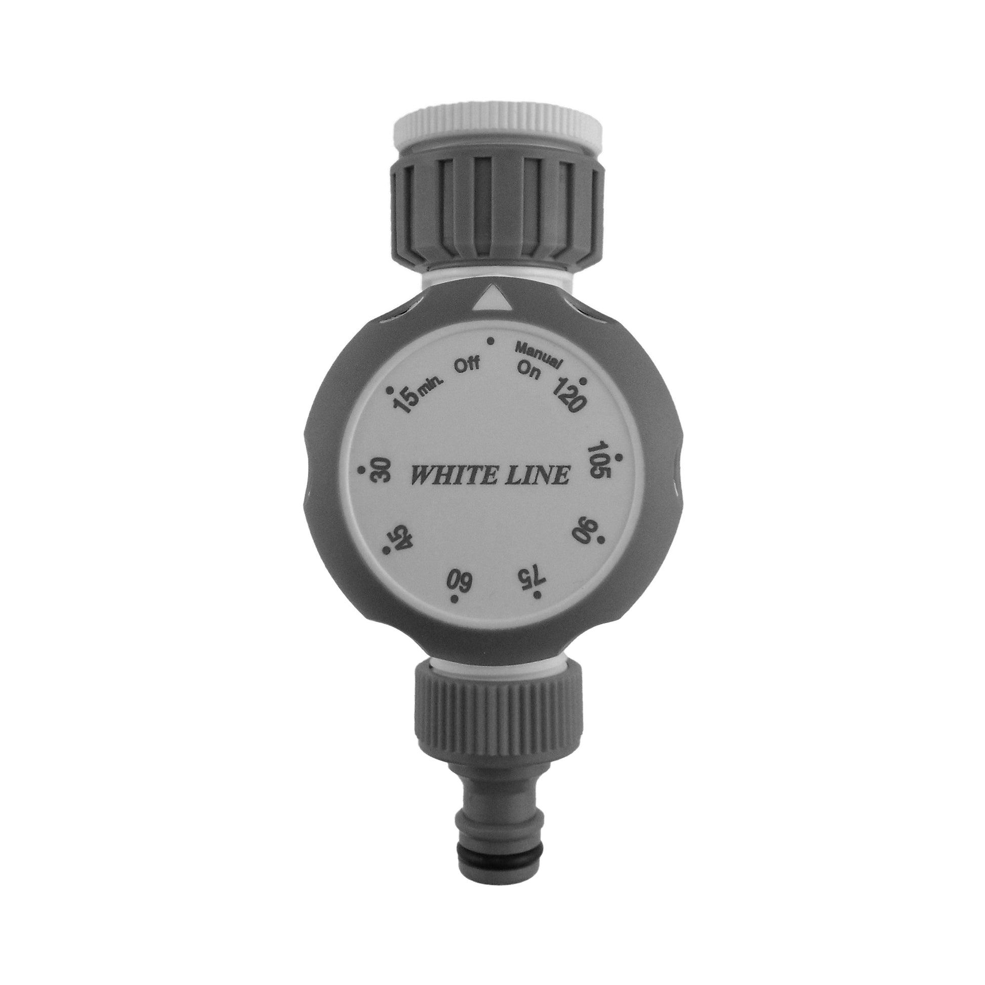 Mechanical water timer with round dial, manual on/off, and time markings