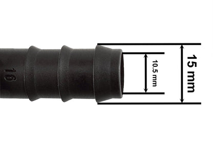 1/2" irrigation pipe joiner, black connector; 15 mm length, 10.5 mm width