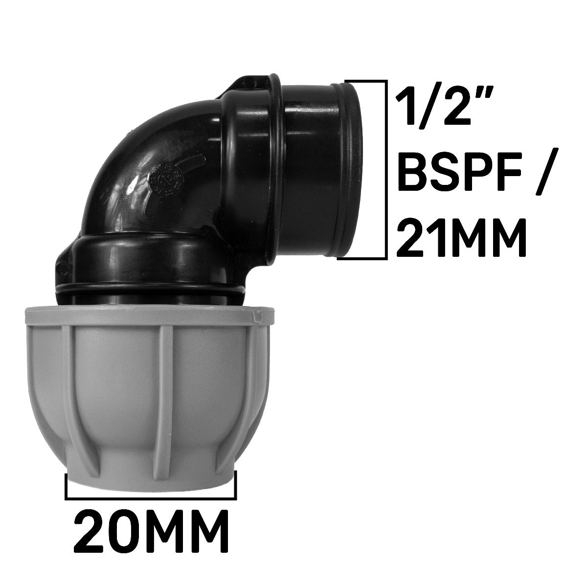 MDPE elbow 20mm, 1/2" BSPF, black 90-degree pipe fitting