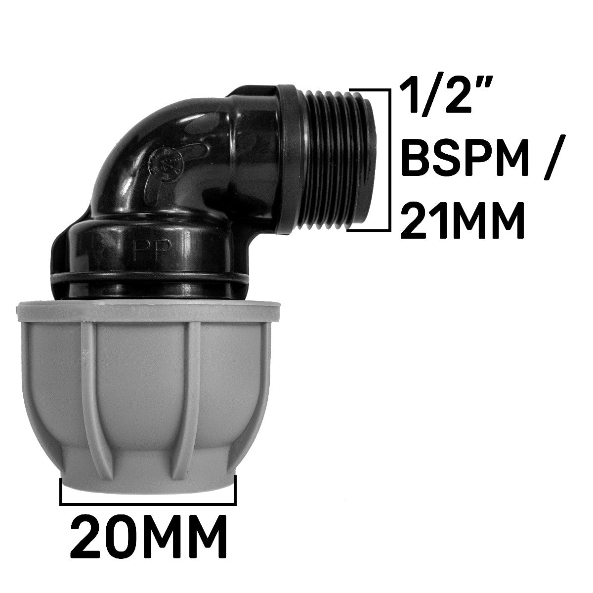 MDPE elbow 20mm, 1/2" BSPM, black threaded connector