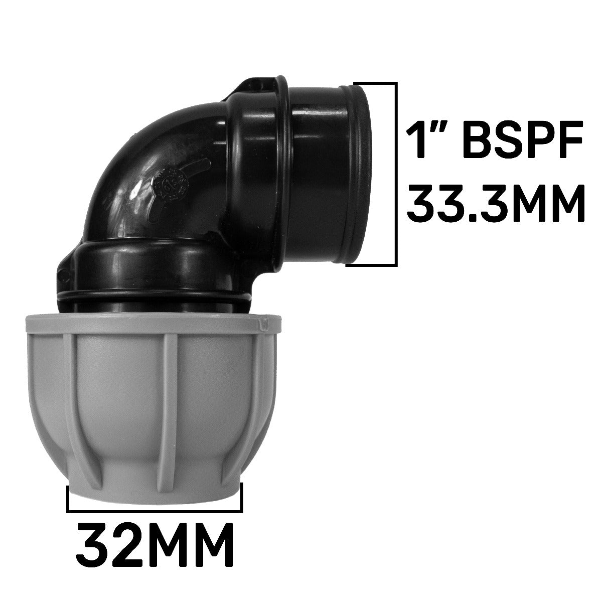 MDPE elbow 32mm, 1" BSPF, black plastic elbow fitting, 33.3mm