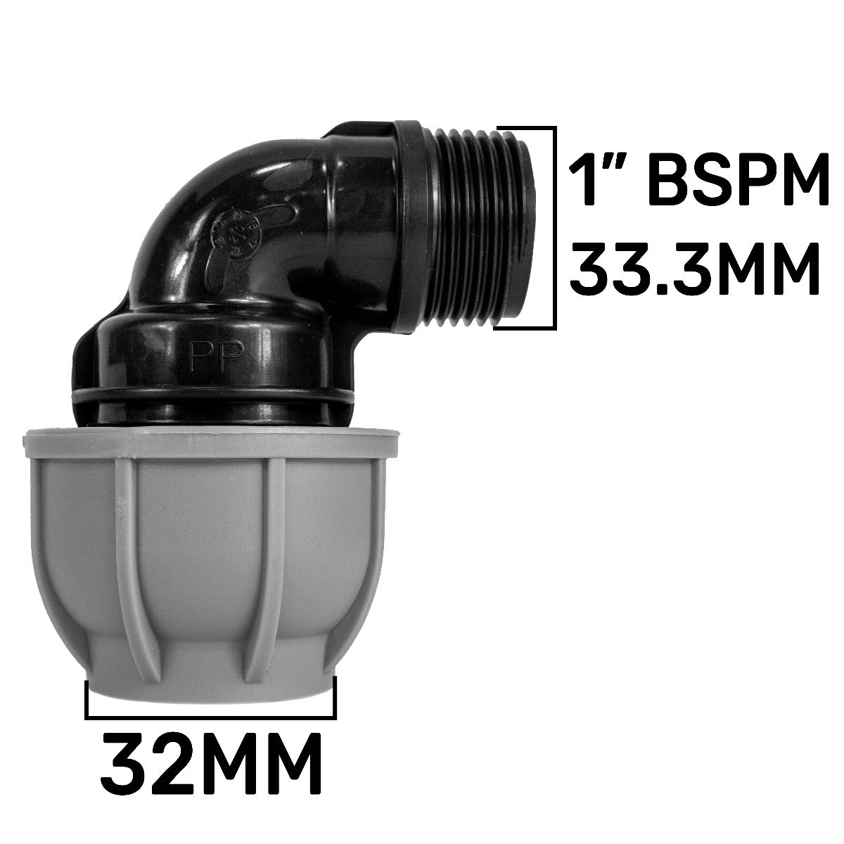 Elbow valve cap with 1in BSPM thread; 33.3mm length and 32mm gray base