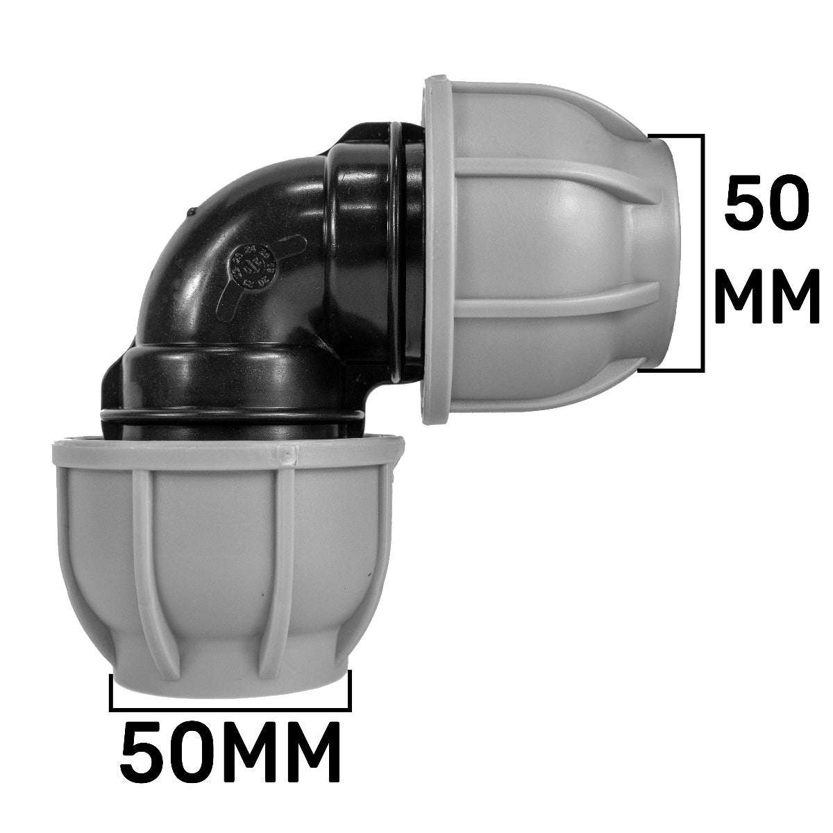 MDPE elbow 50mm, dark and light grey plastic pipe fitting, 90° bend