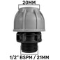 20mm MDPE straight joiner with 1/2" BSPM thread, grey body and black ends