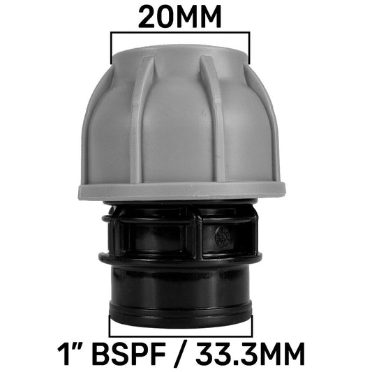 Gerader MDPE-Verbindungsstutzen 20mm, 1" BSPF/33,3mm, grau-schwarz