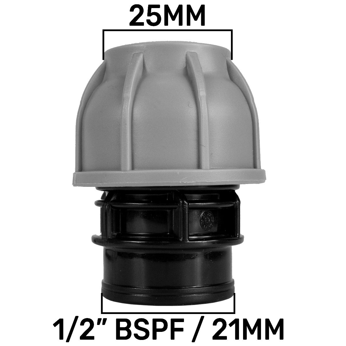 25mm MDPE straight compression fitting, 1/2" BSPF / 21mm size shown