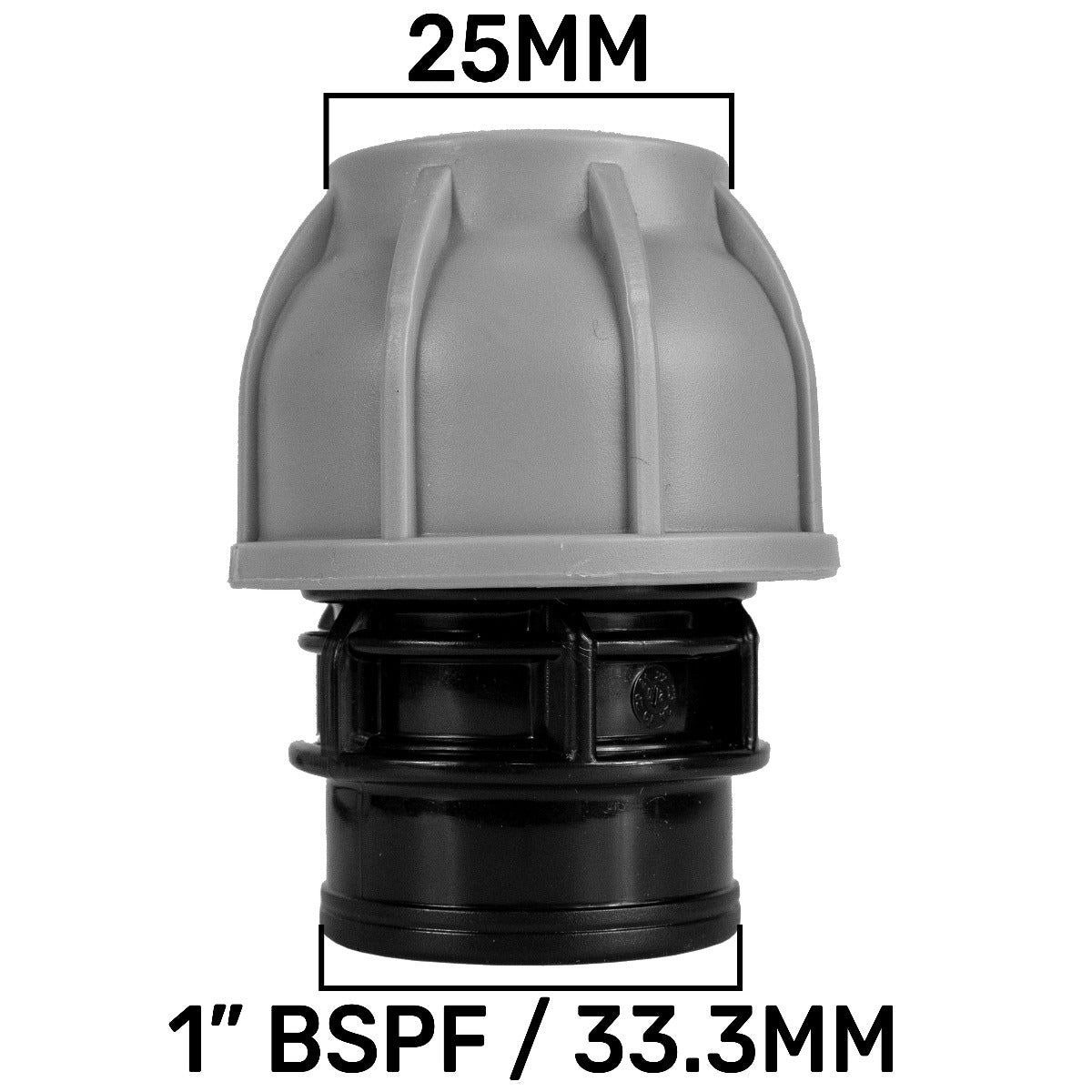 MDPE straight joiner 25mm 1" BSPF / 33.3mm, grey and black push-fit connector