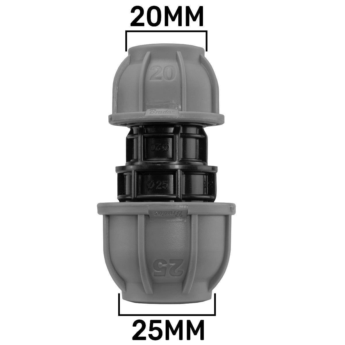 MDPE straight reducing joiner 25mm to 20mm, grey/black connector