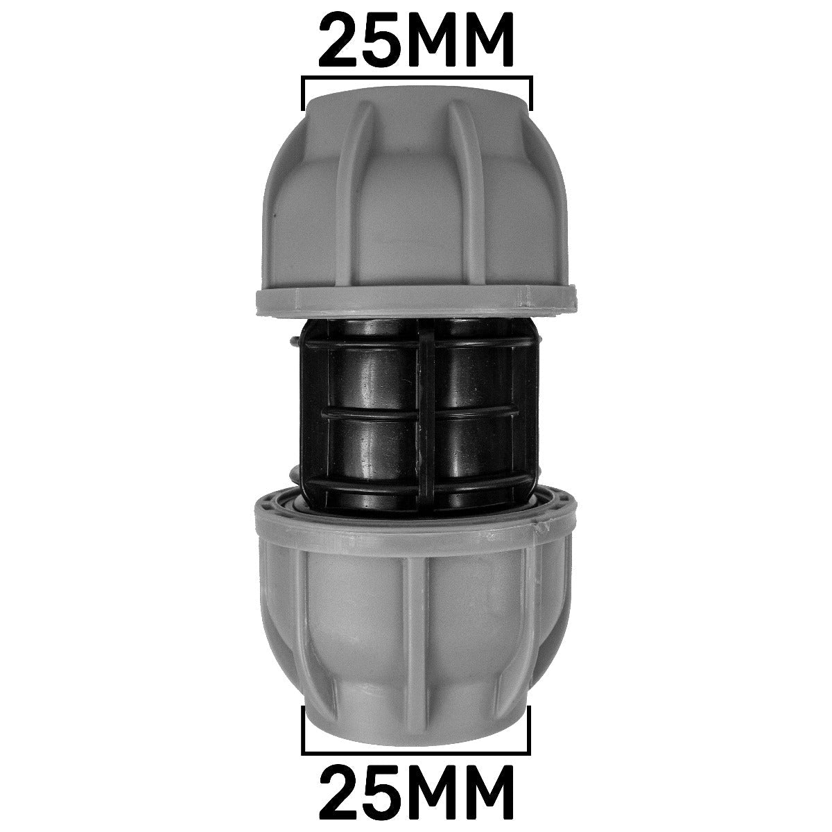 MDPE Straight Joiner 25mm, grey coupling with black insert ends