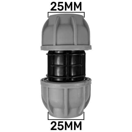 MDPE Straight Joiner 25mm, grey coupling with black insert ends
