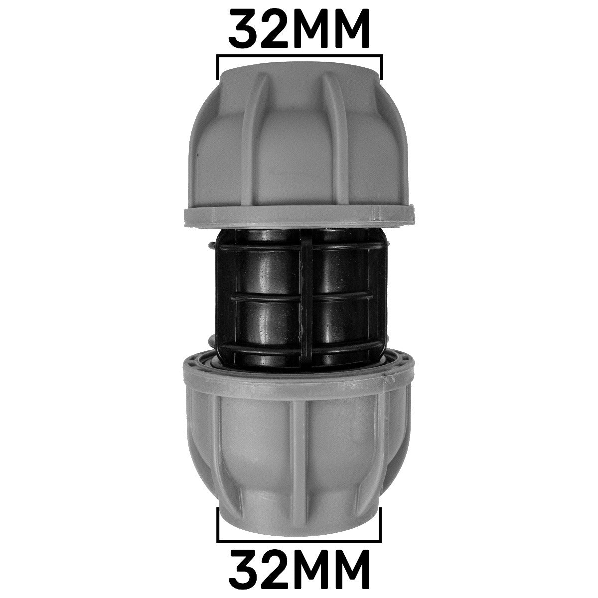 MDPE straight joiner 32mm, grey fitting with black internal ring and 32mm marking