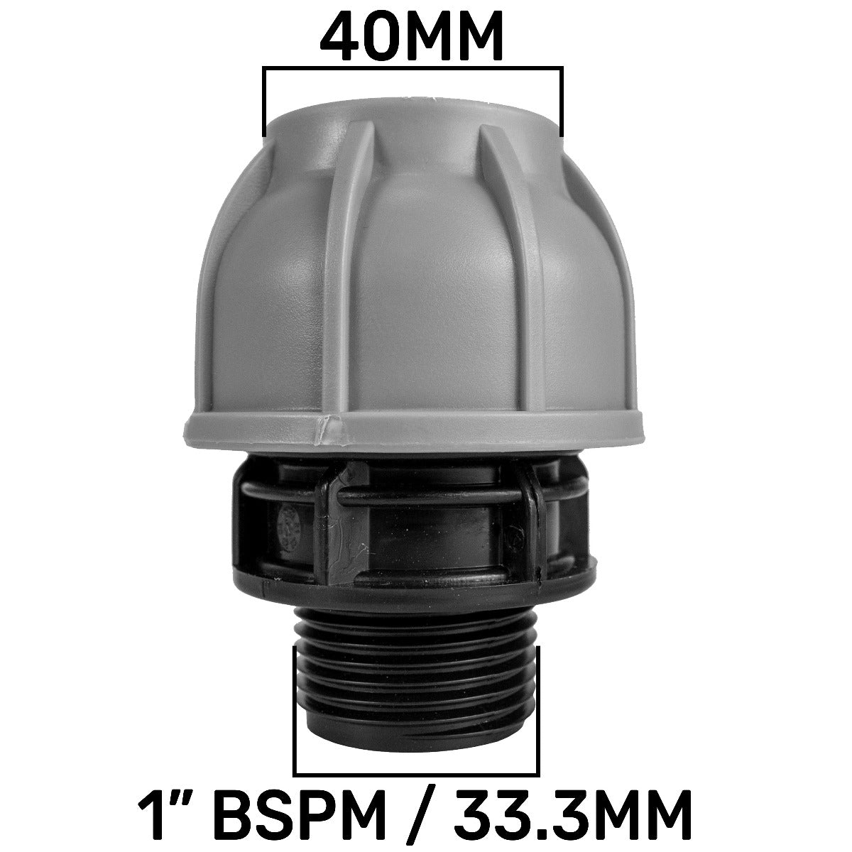IBC cap with 40mm height and 1" BSPM (33.3mm) thread, black/grey plastic