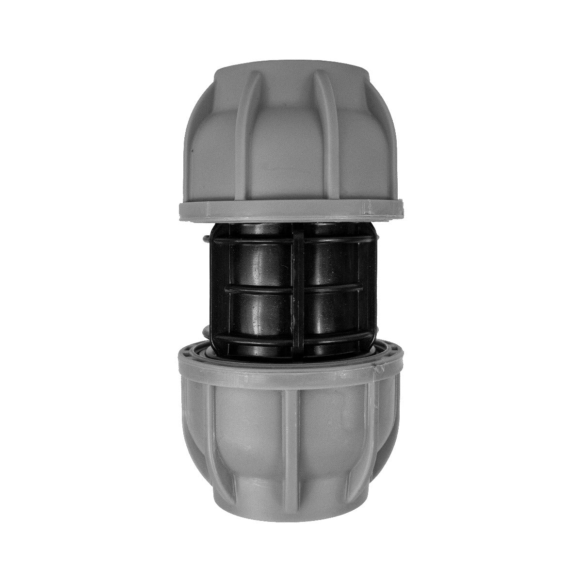 MDPE straight joiner 32mm, grey coupling with black internal ring, front view