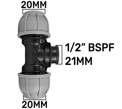 MDPE tee end with 20mm ports, 1/2" BSPF thread, 21mm section