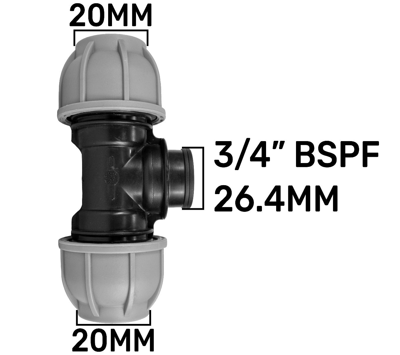 20mm MDPE tee fitting with 3/4" BSPF thread, 26.4mm
