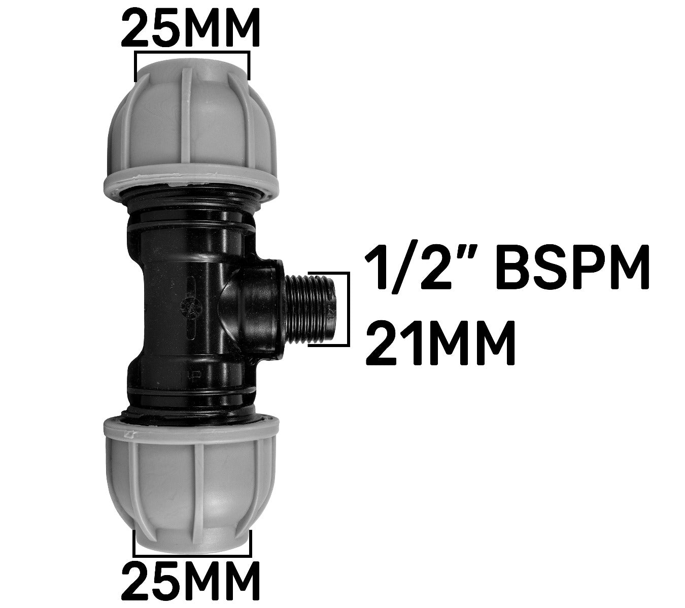 MDPE Tee 25mm, 1/2" BSPM, 21mm branch