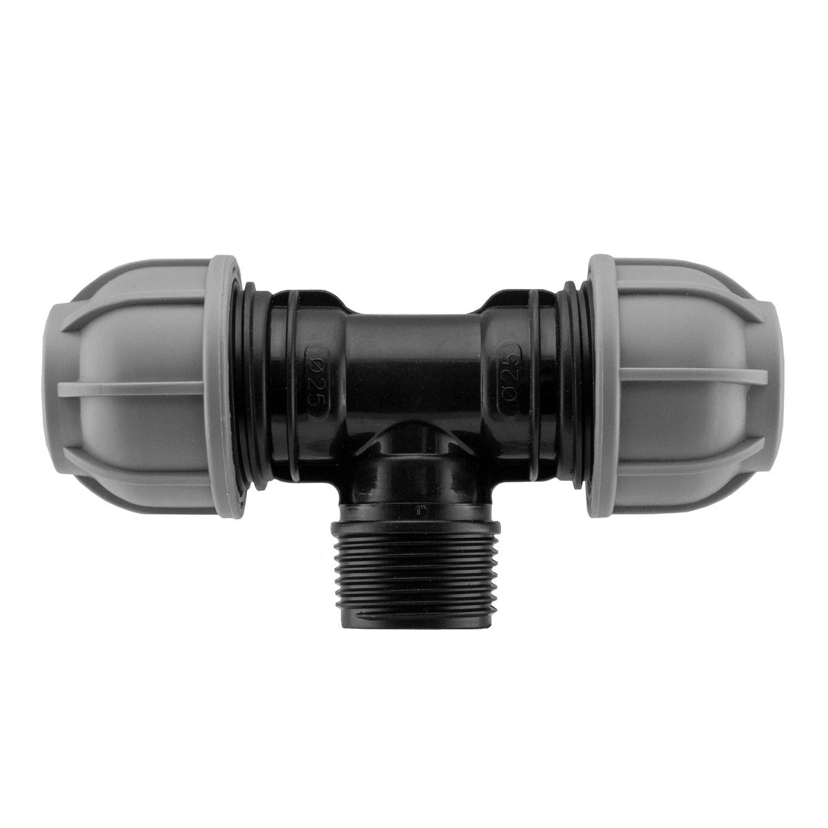 MDPE 50mm BSPM 1.5" tee fitting with black threaded outlet, grey body