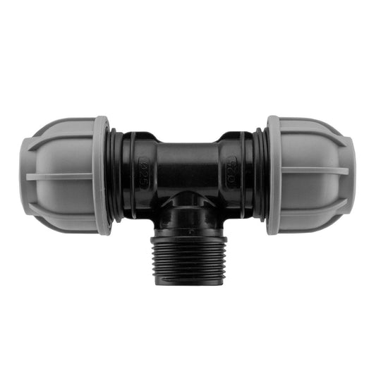 MDPE 50mm BSPM 1.5" tee fitting with black threaded outlet, grey body