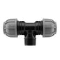 MDPE 50mm BSPM 1.5" tee fitting with black threaded outlet, grey body