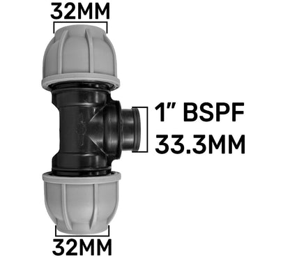 32mm MDPE tee compression fitting with 1" BSPF thread, 33.3mm length