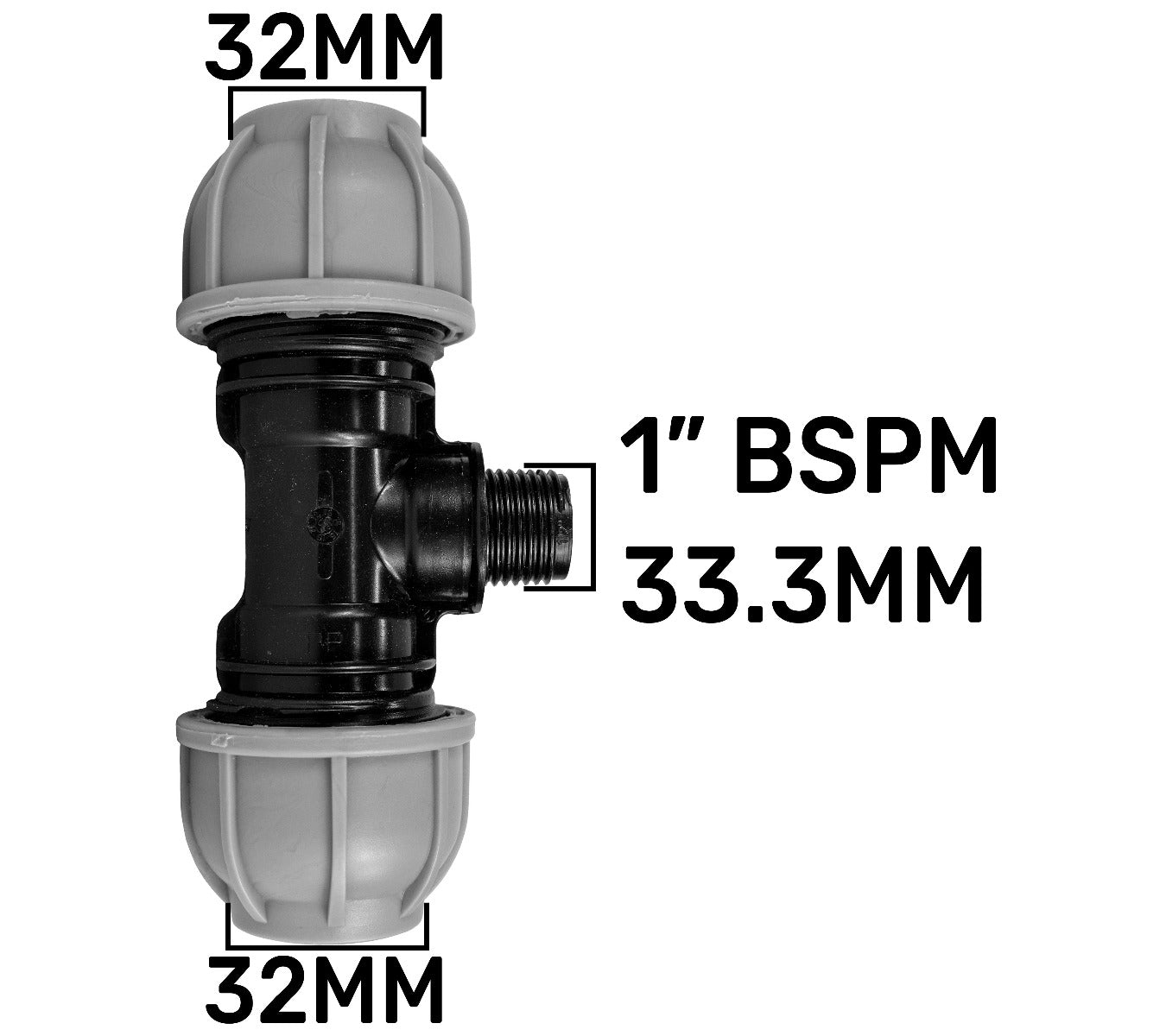 MDPE tee fitting: 32mm, 1" BSPM, 33.3mm and 32mm dimensions