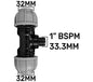 MDPE tee fitting: 32mm, 1" BSPM, 33.3mm and 32mm dimensions