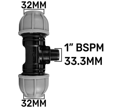 IBC extender fitting showing 32mm and 1" BSPM thread dimensions