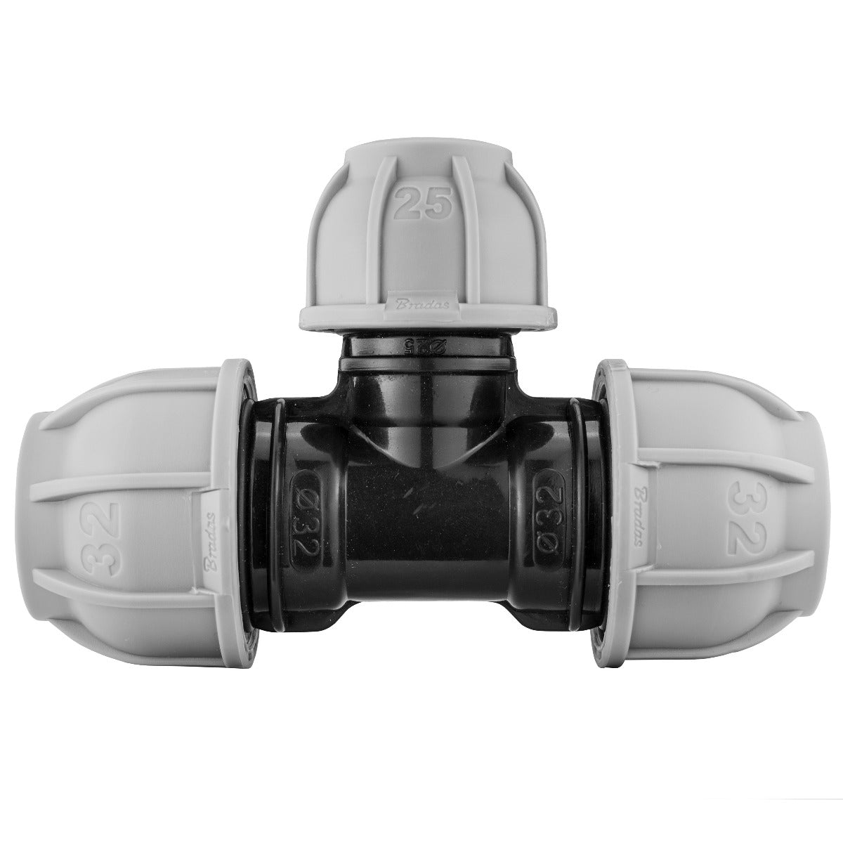 MDPE reducing tee 32mm to 25mm, 32mm ports, black fitting with grey ends