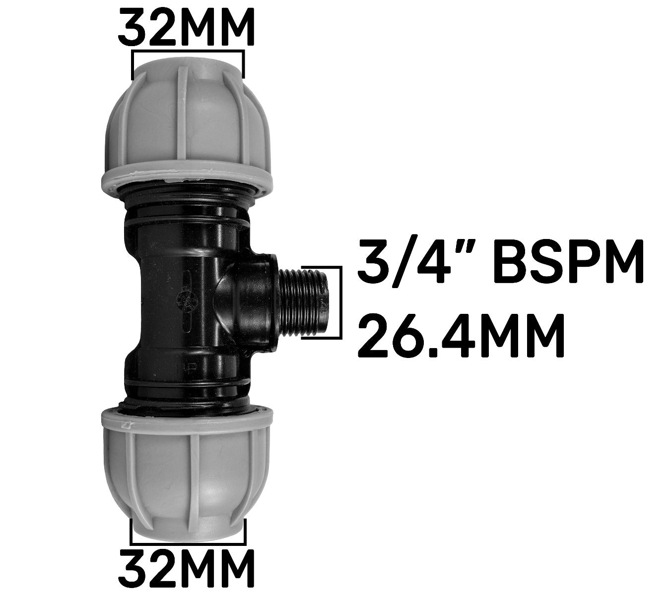 MDPE tee 32mm with 3/4" BSPM male thread, grey ends and black connector, 26.4mm