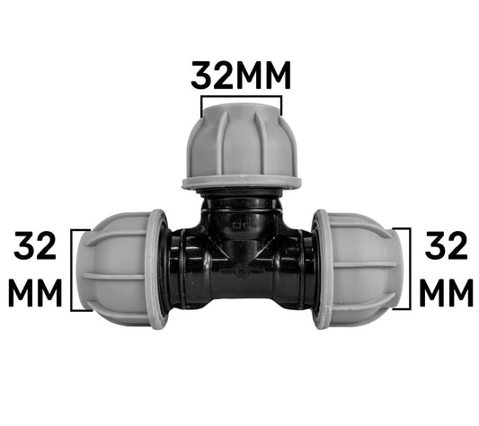 MDPE Tee 32mm fitting, grey ends with black tee center