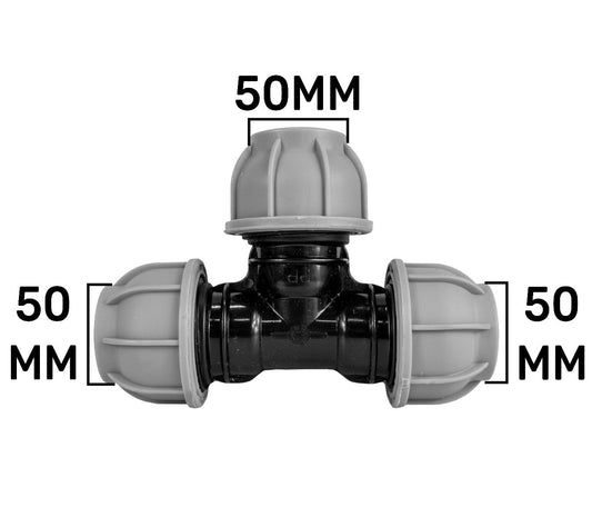 MDPE tee 50mm with black fitting and grey end connectors