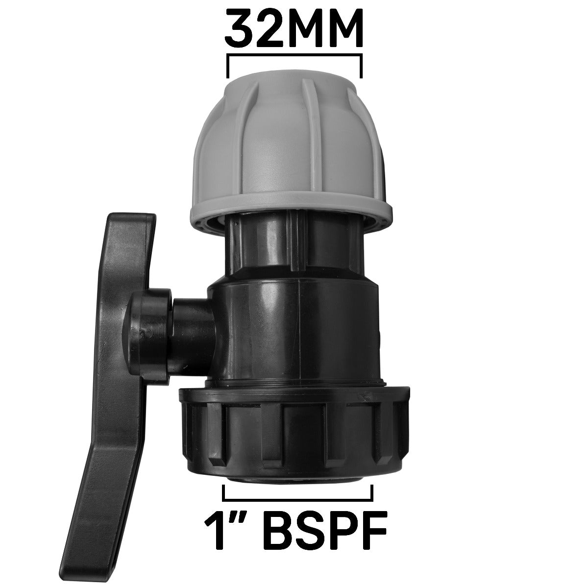 32mm MDPE valve with 1" BSPF thread and lever handle, grey cap and black body