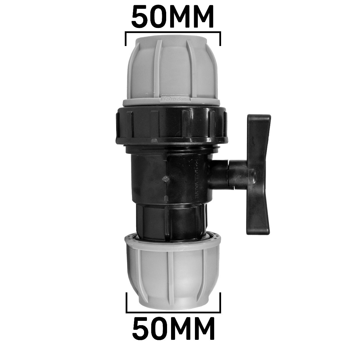 MDPE-Ventil 50 mm mit schwarzem Hebel, grau/schwarz