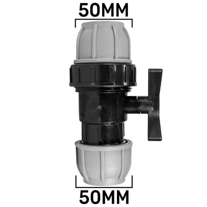 MDPE-Ventil 50 mm mit schwarzem Hebel, grau/schwarz