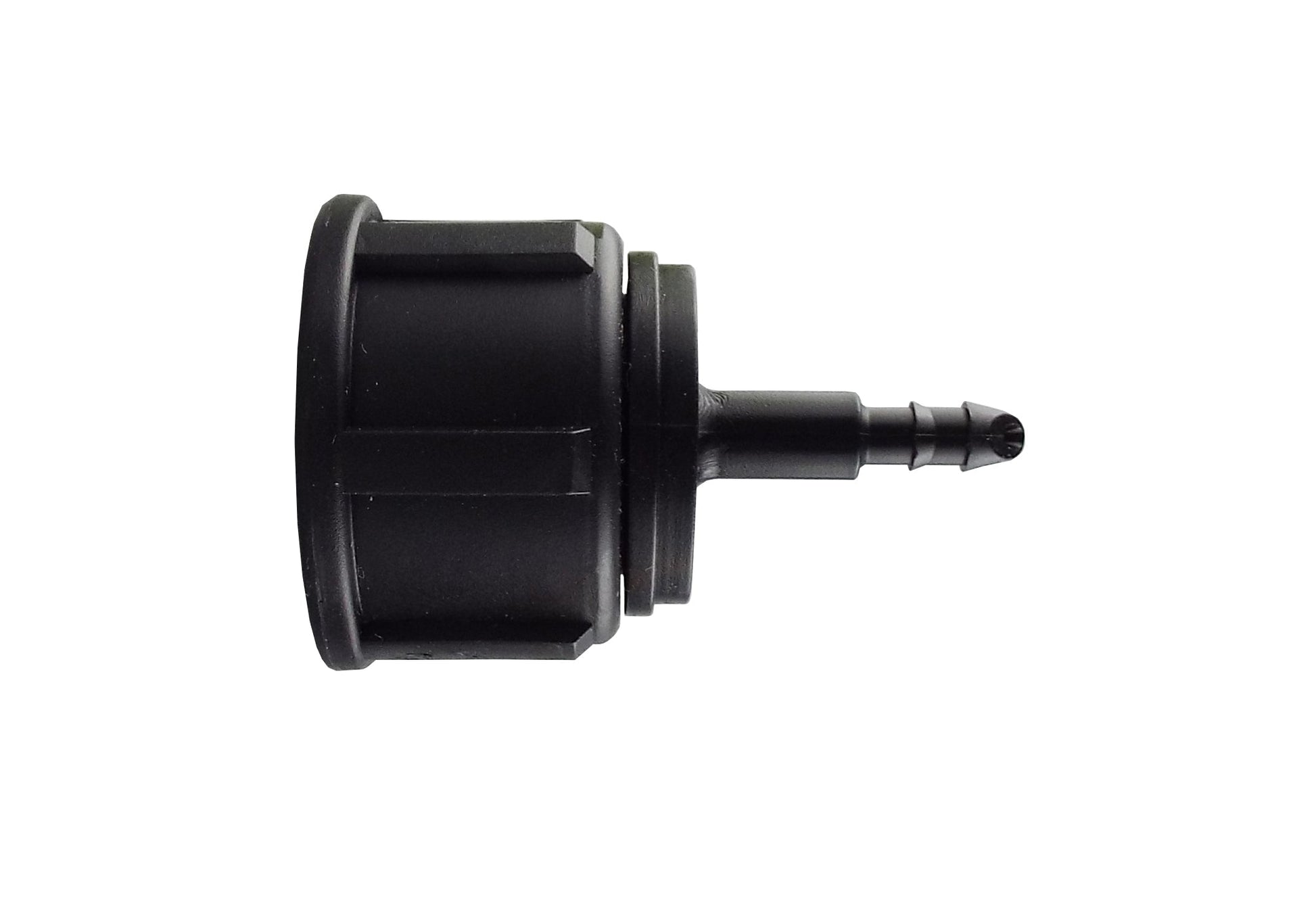 Black ¾" BSP water butt fitting with 4mm micro-barb outlet and internal collar