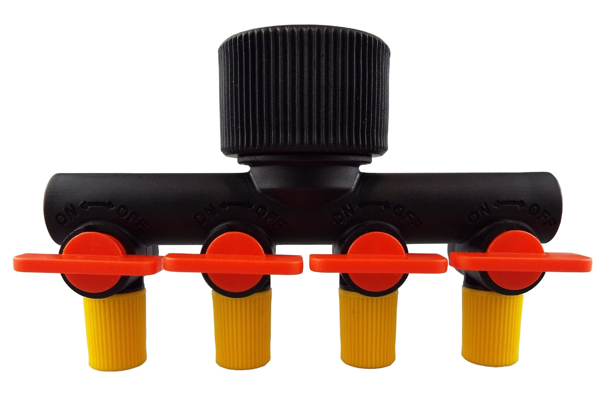 4-way micro irrigation manifold with valves; black body, yellow tube connectors, red knobs