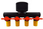 4-way micro irrigation manifold with valves; black body, yellow tube connectors, red knobs