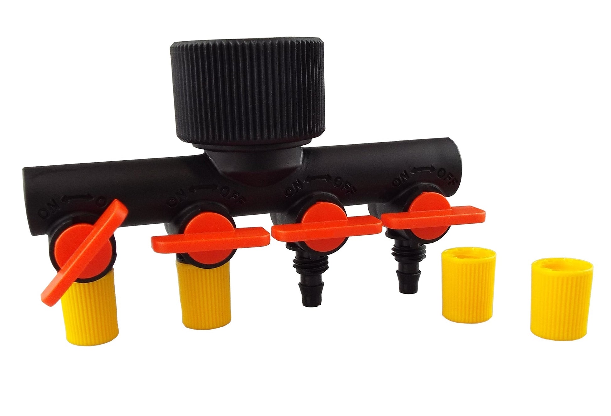 4-way drip manifold with four outlet connectors, black housing, red valves, yellow fittings