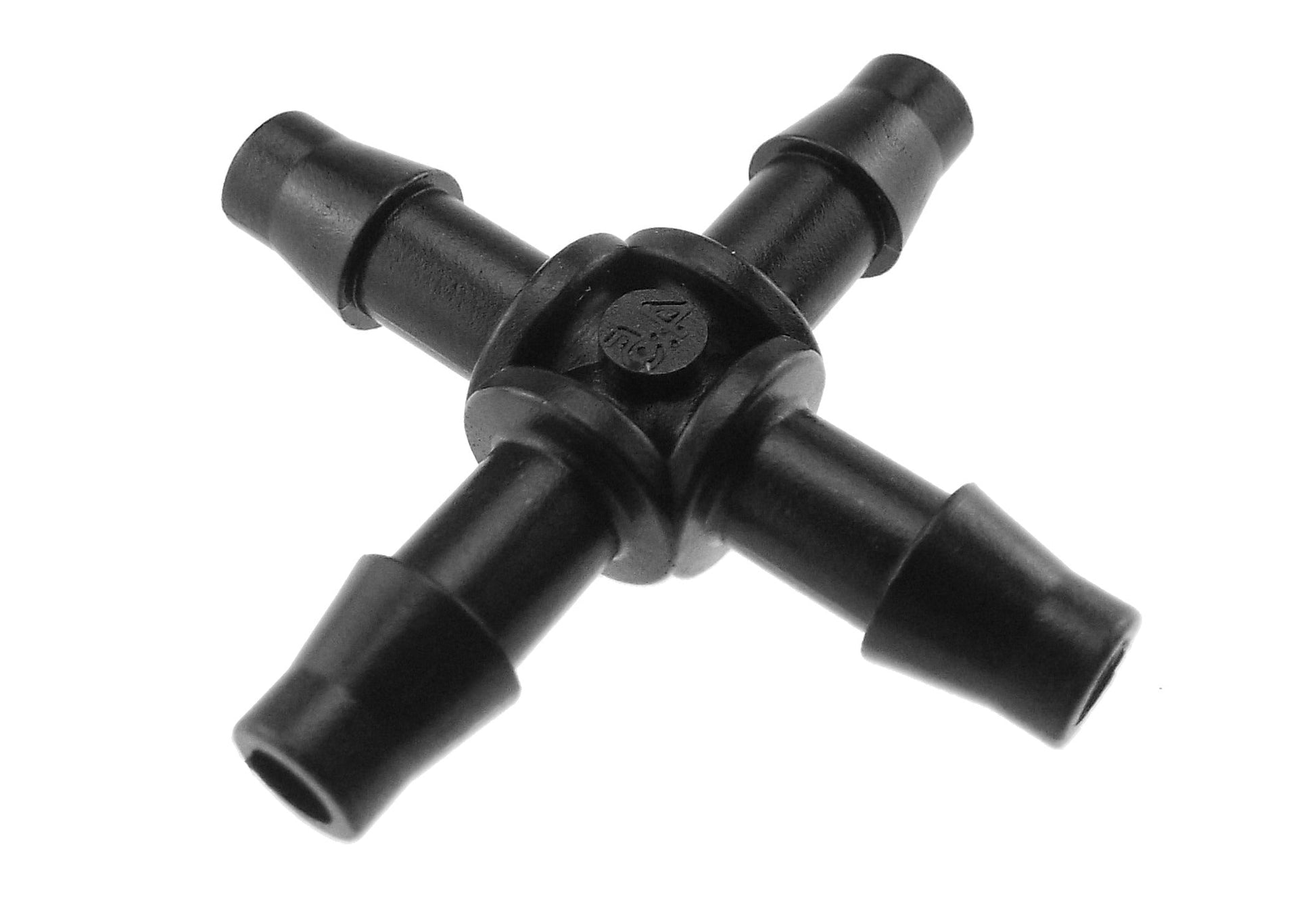 4.5mm barb micro cross connector, front view of black four-outlet fitting