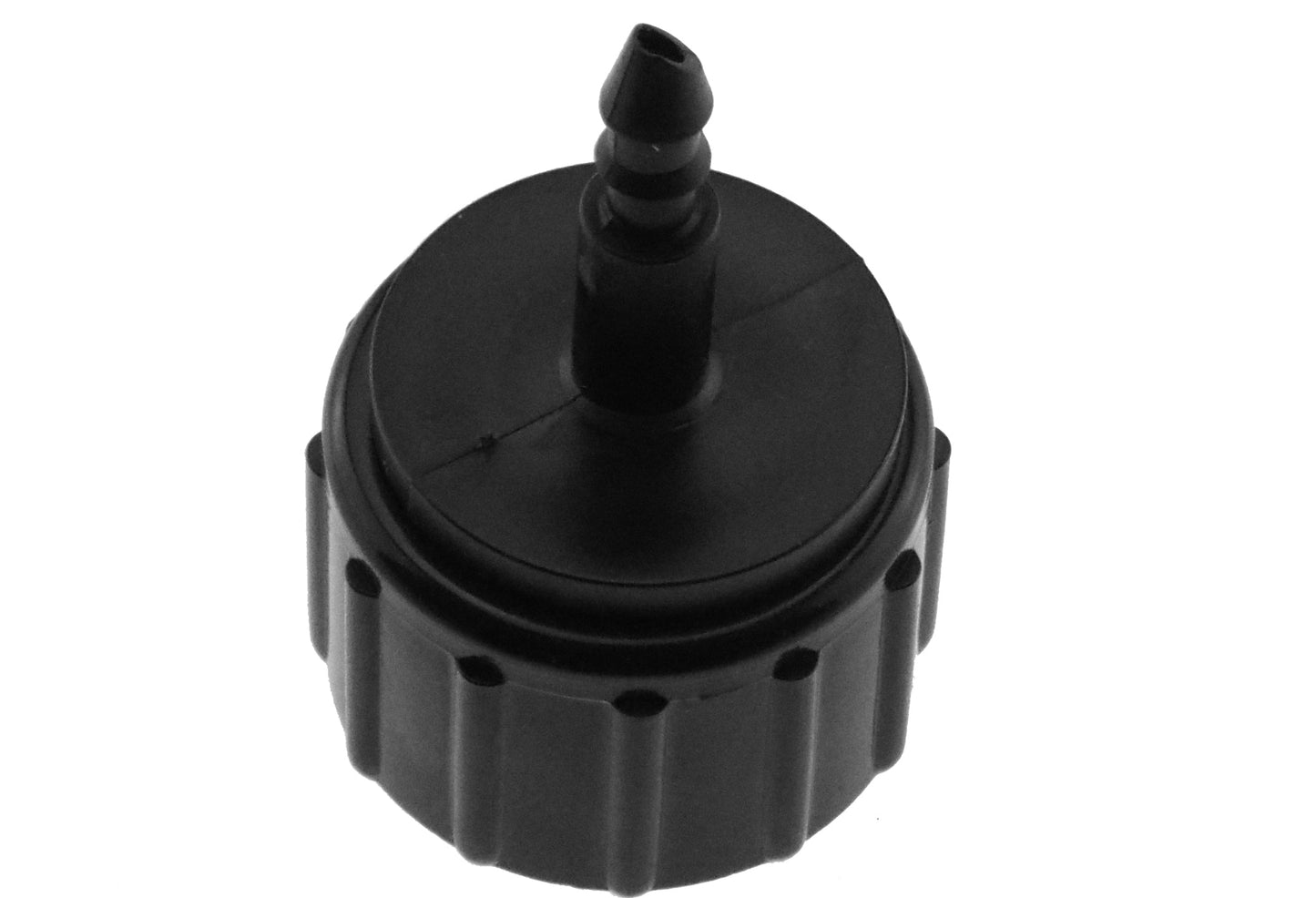 Black plastic tap connector cap with outlet nozzle
