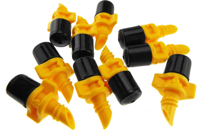 Set of winged micro spray jets: yellow nozzles with black cylinders