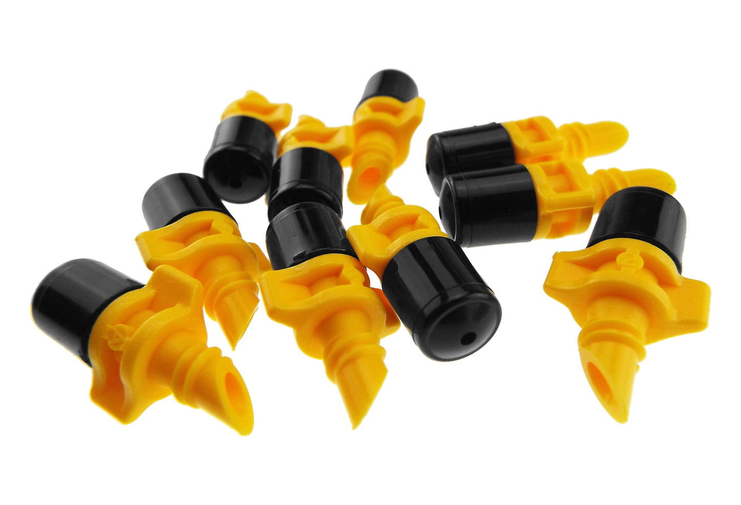 Multiple winged micro spray jets, yellow nozzles and black caps