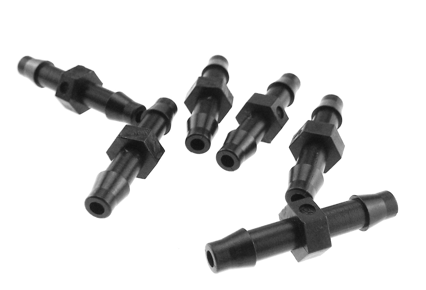 Set of black 4.5mm barb micro joiner connectors with barbed ends and center blocks