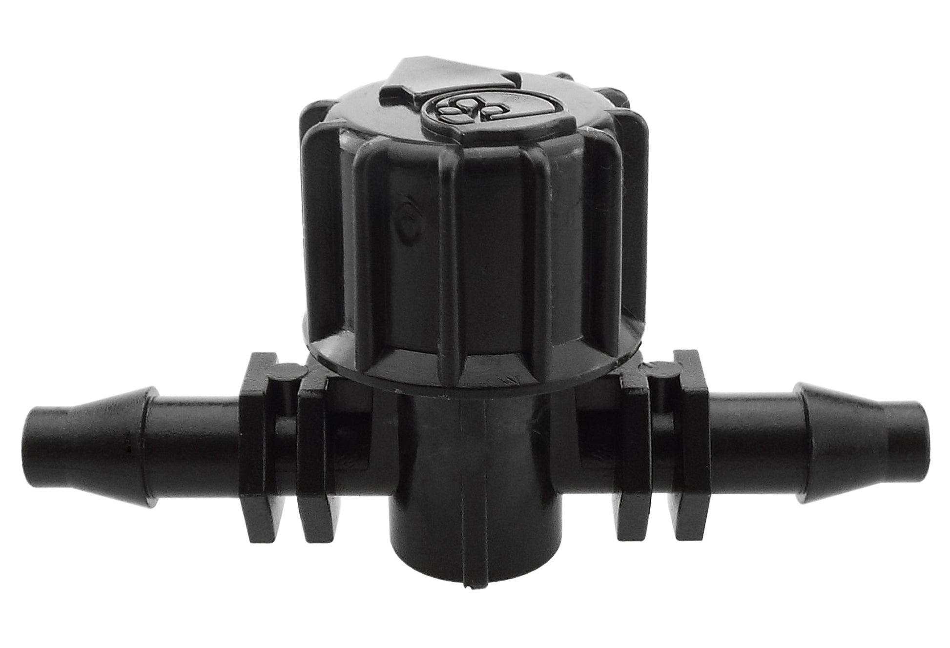 Vari-Flow 4.5 mm barb valve, top view with ribbed housing and two barbed ends