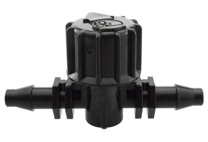 Vari-Flow 4.5 mm barb valve, top view with ribbed housing and two barbed ends