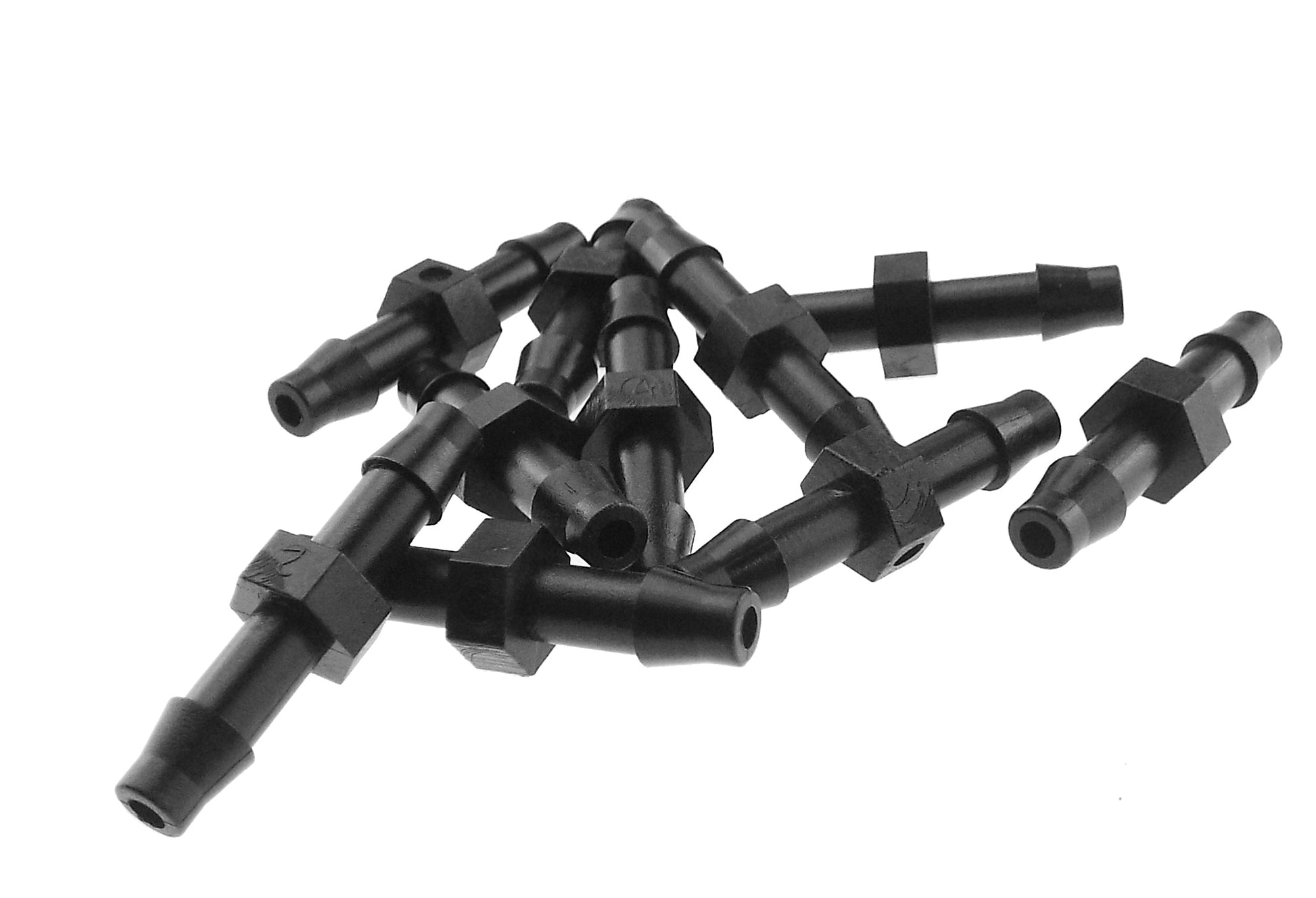 Multiple black 4.5mm barb micro joiner connectors shown together, barbed ends visible