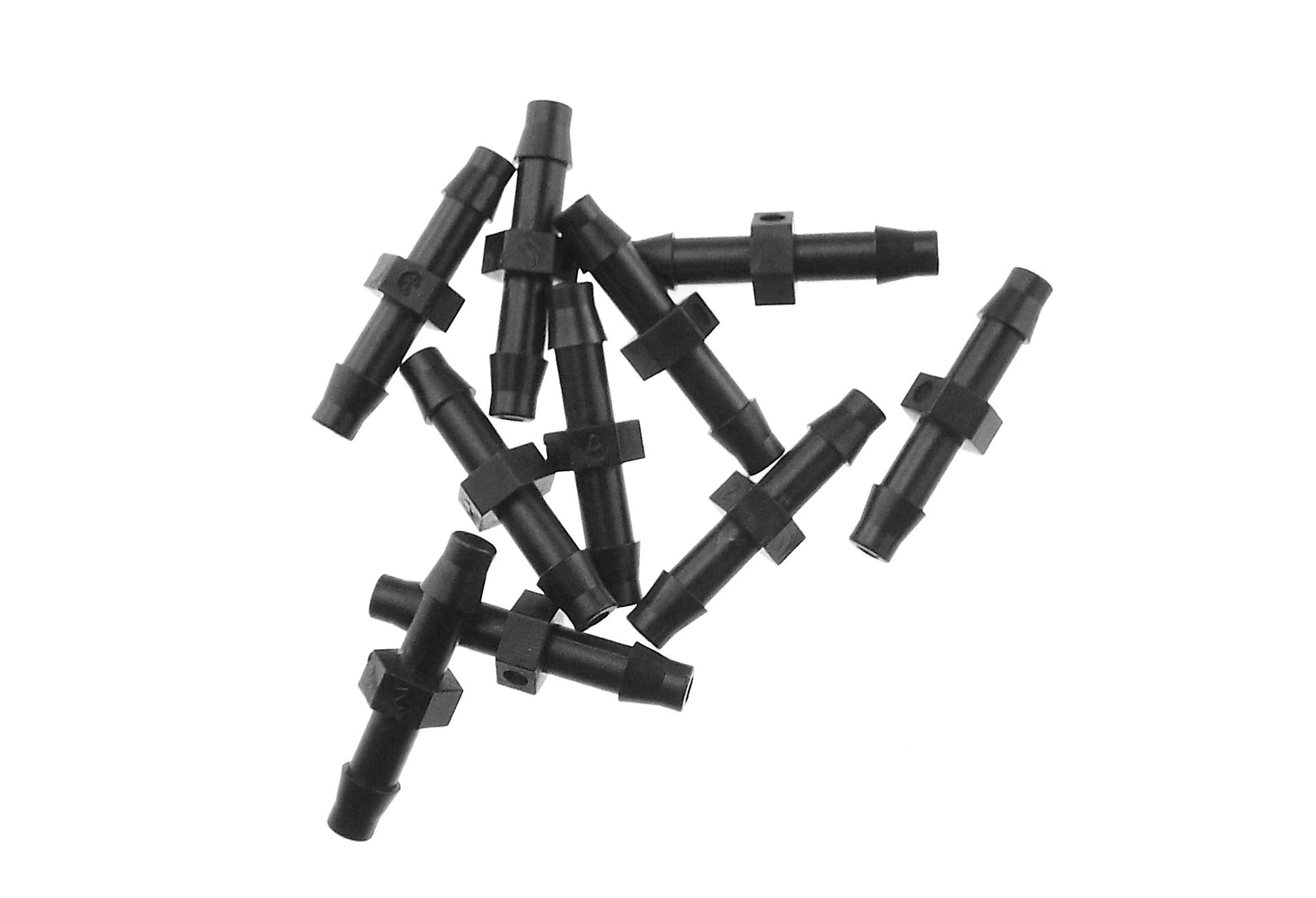 Assorted black 4.5mm barb micro joiner connectors with barbed ports and center blocks
