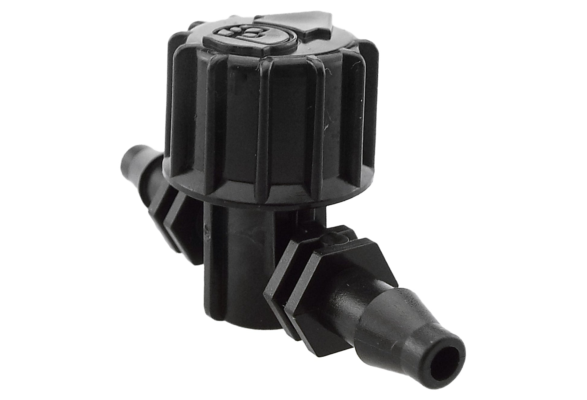 4.5 mm barb valve, angled view of black housing and barbed connector port
