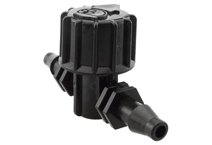 4.5 mm barb valve, angled view of black housing and barbed connector port