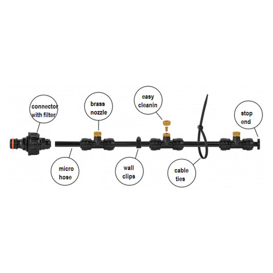 Garden water mist kit, black micro hose with brass nozzles, cable ties and end cap